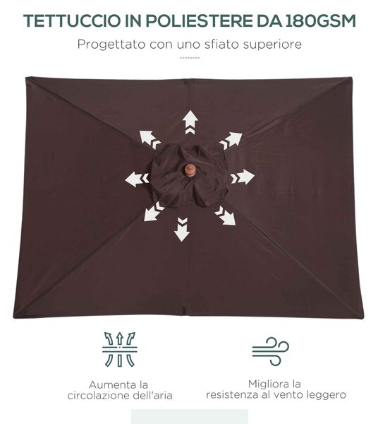 Outsunny Ombrellone Rettangolare Inclinabile 2x1.5 m con 6 Stecche e Apertura a Corda, in Bambù e Poliestere Caffè