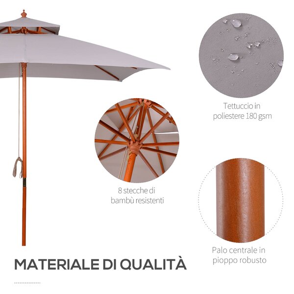 Outsunny Ombrellone da Giardino 3x3m con 8 Stecche in Bambù e Copertura Parasole a 2 Livelli, Grigio