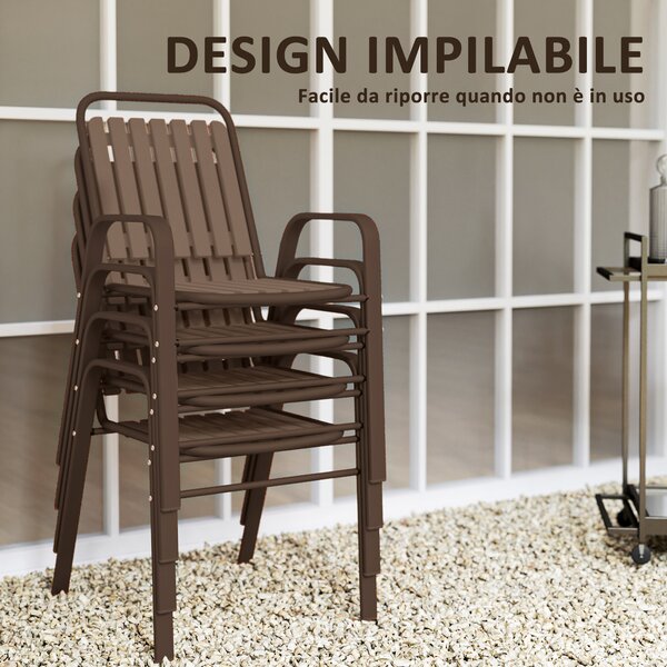 Outsunny Set 4 Sedie per Esterno Impilabili con Schienale Alto e Braccioli, in Acciaio e PP, 56x66x91 cm, Marrone Scuro