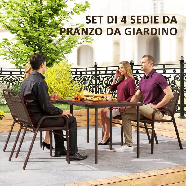 Outsunny Set 4 Sedie per Esterno Impilabili con Schienale Alto e Braccioli, in Acciaio e PP, 56x66x91 cm, Marrone Scuro
