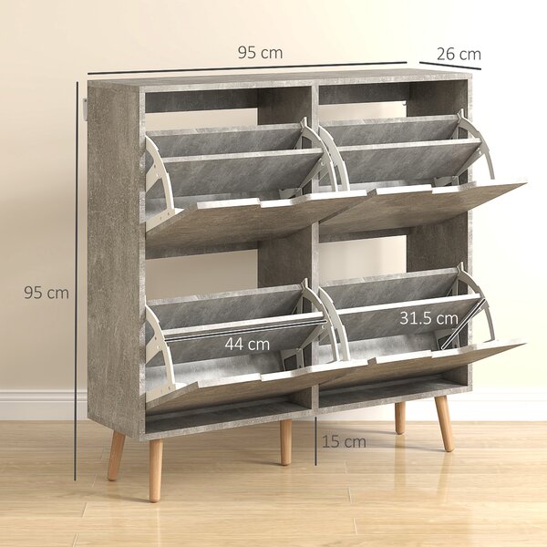 HOMCOM Mobile Scarpiera con 4 Cassetti Ribaltabili a 2 Livelli per 16 Paia, in Legno, 95x26x95 cm, Grigio