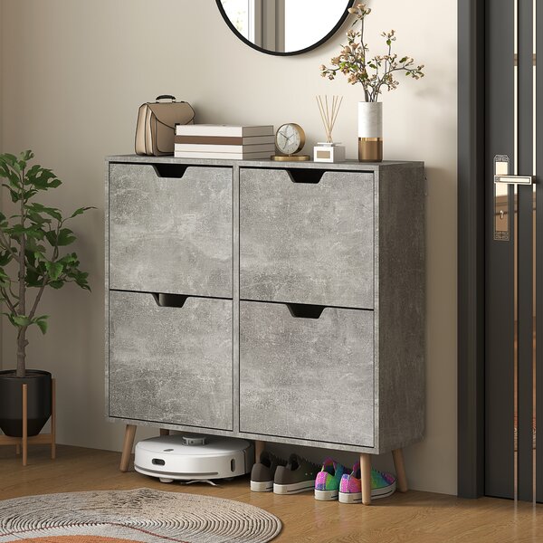 HOMCOM Mobile Scarpiera con 4 Cassetti Ribaltabili a 2 Livelli per 16 Paia, in Legno, 95x26x95 cm, Grigio