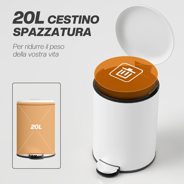 HOMCOM Bidone Immondizia a Pedale da 20L con Coperchio a Chiusura Morbida, in Metallo e PP, 36x30x44.5 cm, Crema
