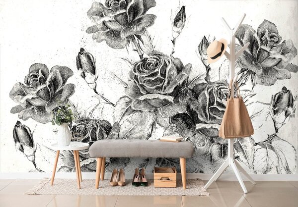 Carta da parati autoadesiva – Bouquet vintage di rose in bianco e nero