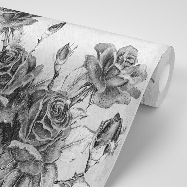 Carta da parati autoadesiva – Bouquet vintage di rose in bianco e nero