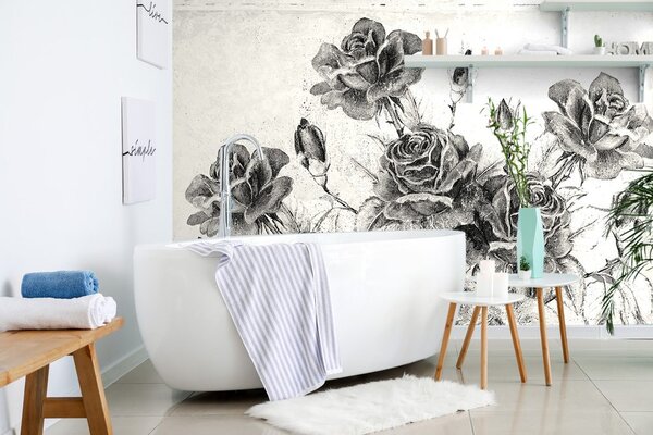 Carta da parati autoadesiva – Bouquet vintage di rose in bianco e nero
