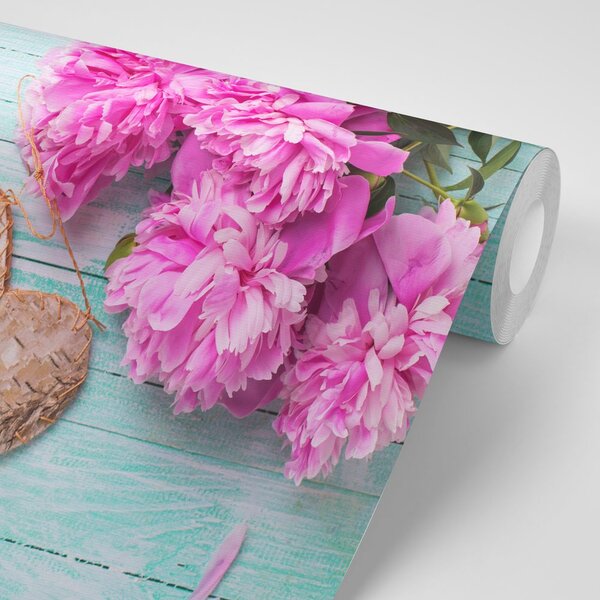Carta da parati – Peonie e cuori di betulla