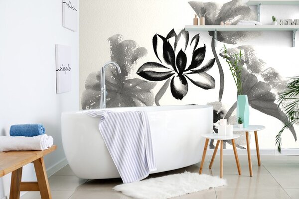 Carta da parati – Fiore di loto ad acquerello in bianco e nero