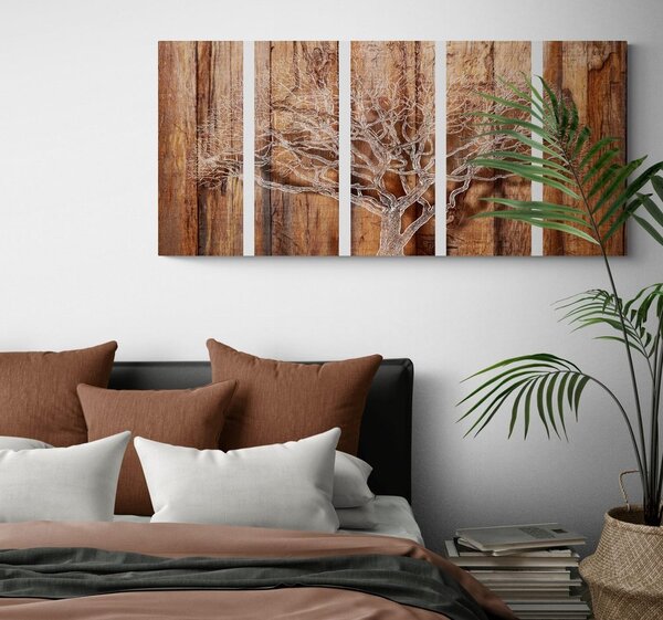 Quadri 5 pezzi – Albero su sfondo di legno