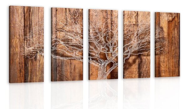 Quadri 5 pezzi – Albero su sfondo di legno