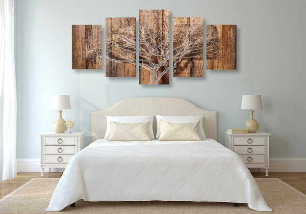 Quadri 5 pezzi – Albero con imitazione di sfondo in legno