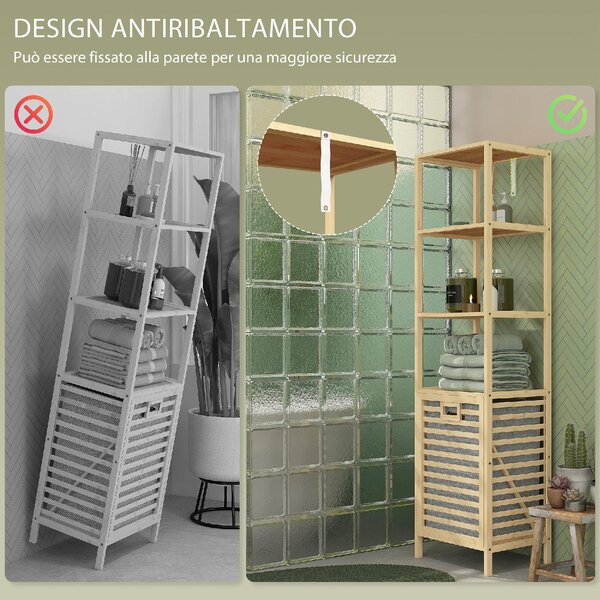 DecHome Colonna Bagno con 3 Ripiani in Legno di Bamb e Cesto Portabiancheria in Tessuto 44x33x160 cm