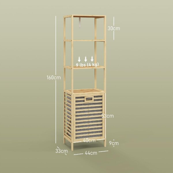 DecHome Colonna Bagno con 3 Ripiani in Legno di Bamb e Cesto Portabiancheria in Tessuto 44x33x160 cm