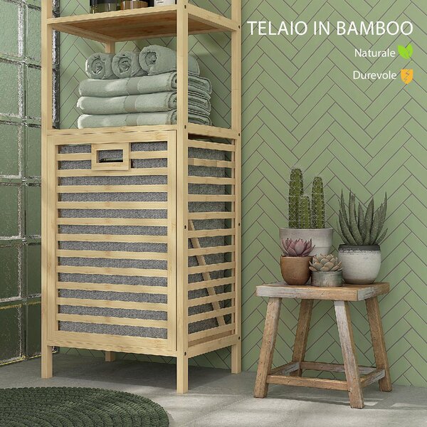 DecHome Colonna Bagno con 3 Ripiani in Legno di Bamb e Cesto Portabiancheria in Tessuto 44x33x160 cm