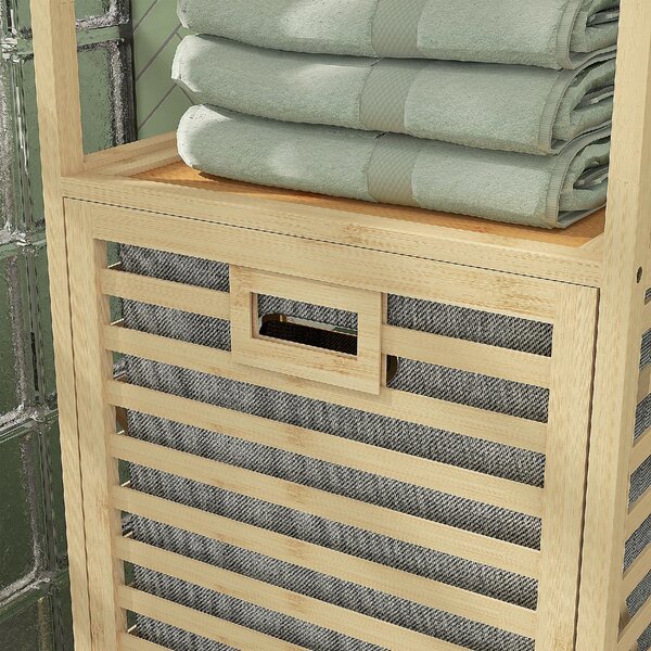 DecHome Colonna Bagno con 3 Ripiani in Legno di Bamb e Cesto Portabiancheria in Tessuto 44x33x160 cm