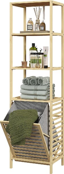DecHome Colonna Bagno con 3 Ripiani in Legno di Bamb e Cesto Portabiancheria in Tessuto 44x33x160 cm