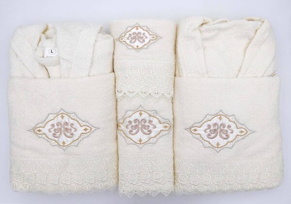 Blues Completo Bagno in Spugna di Cotone Set 9 pezzi 6 Asciugamani + 1 Telo Doccia + 2 Accappatoi ricamato con Macram colore Panna - Laura