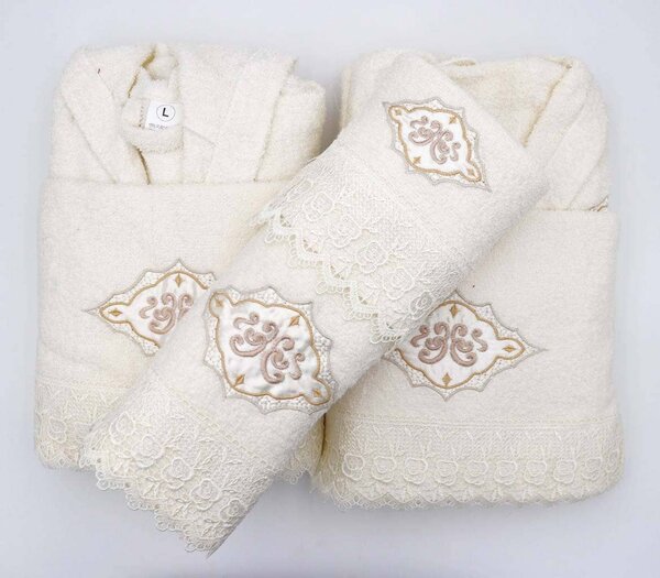 Blues Completo Bagno in Spugna di Cotone Set 9 pezzi 6 Asciugamani + 1 Telo Doccia + 2 Accappatoi ricamato con Macram colore Panna - Laura