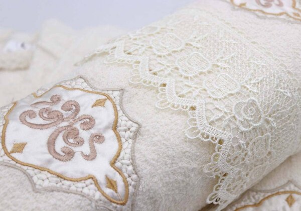Blues Completo Bagno in Spugna di Cotone Set 9 pezzi 6 Asciugamani + 1 Telo Doccia + 2 Accappatoi ricamato con Macram colore Panna - Laura