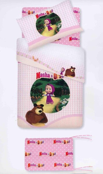 Gabel Completo Letto Lettino in Cotone Trapunta + Paracolpi Stampa digitale colore Rosa - Masha e Orso Porthole