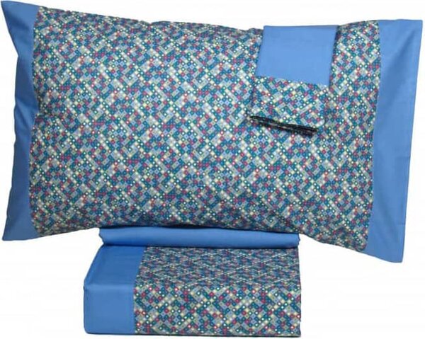 Gabel Completo Letto Matrimoniale 100% Cotone lenzuolo sopra + sotto con angoli + federa con Stampa digitale colore Azzurro - Clipper 18919