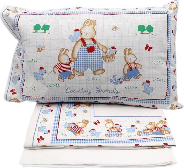 Blues Completo Letto Lettino in Cotone lenzuolo sopra + sotto con angoli + federa stampa family coniglietti colore Azzurro - Country baby