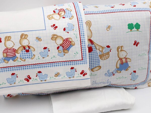 Blues Completo Letto Lettino in Cotone lenzuolo sopra + sotto con angoli + federa stampa family coniglietti colore Azzurro - Country baby