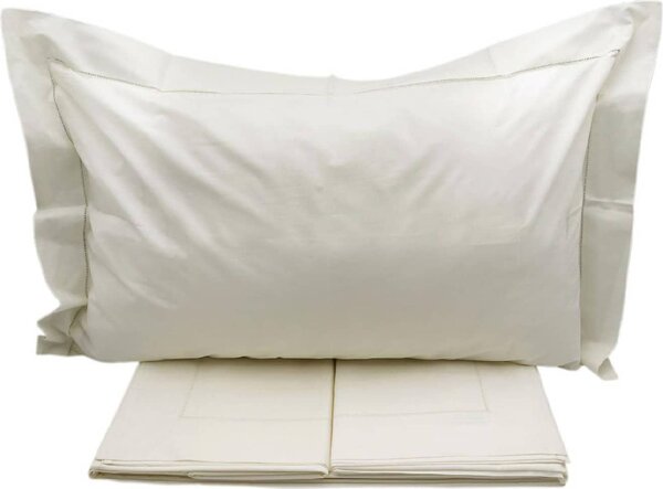 Blanco Raya Completo Letto Matrimoniale in Cotone lenzuolo sopra + sotto con angoli + federa con orlo a giorno ricamato a mano colore Avorio - Hem