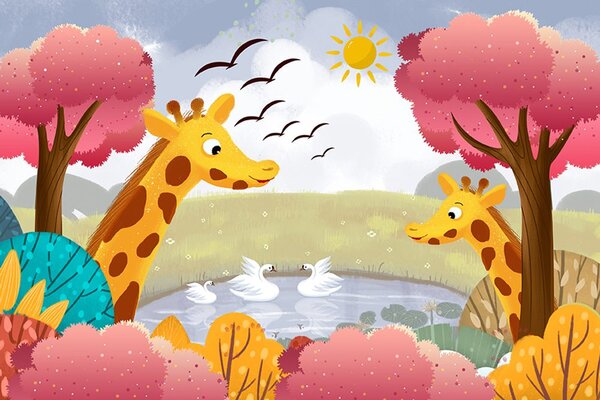 Carta da parati – Giraffe al laghetto