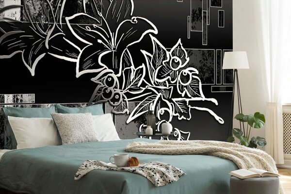 Carta da parati – Illustrazione floreale in bianco e nero