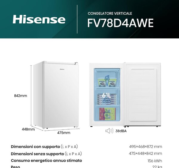 Hisense Congelatore a Cassetti Verticale Capacit 61 Litri Classe energetica E Capacit di congelamento 3 kg/24h colore Bianco - FV78D4AWE