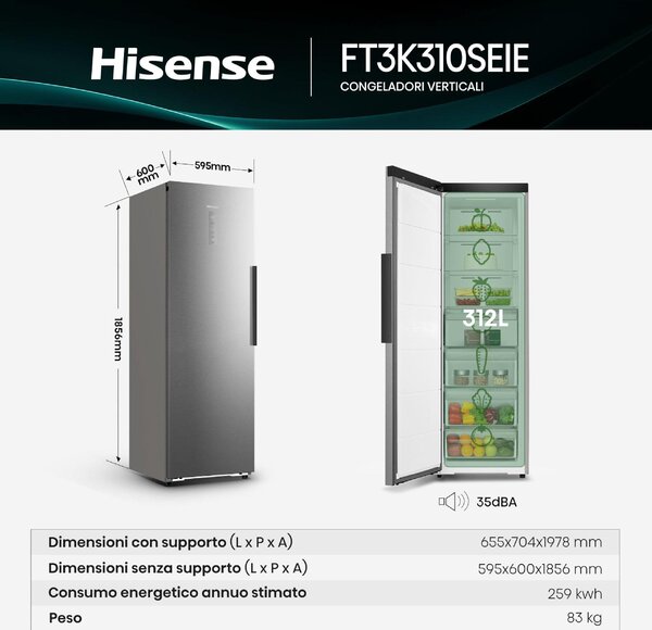 Hisense Congelatore a Cassetti Verticale No Frost Capacit 312 Litri Classe E Capacit di congelamento 15 Kg/24h colore Inox - FT3K310SEIE