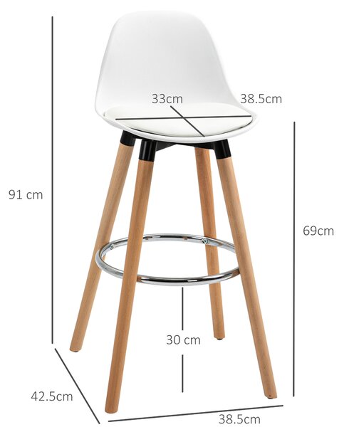 HOMCOM Set 2 Sgabelli da Bar Stile Nordico con Schienale, Cuscino e Poggiapiedi, Legno e Plastica, Bianco