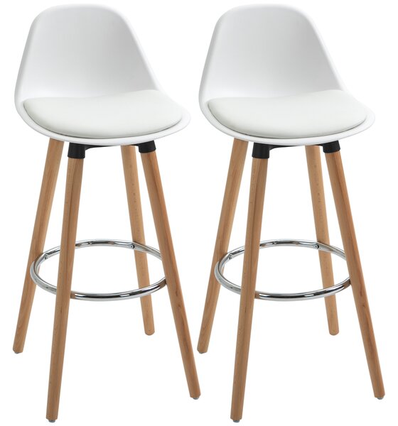 HOMCOM Set 2 Sgabelli da Bar Stile Nordico con Schienale, Cuscino e Poggiapiedi, Legno e Plastica, Bianco