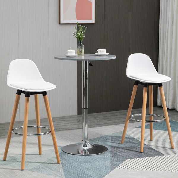 HOMCOM Set 2 Sgabelli da Bar Stile Nordico con Schienale, Cuscino e Poggiapiedi, Legno e Plastica, Bianco