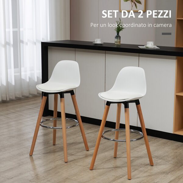 HOMCOM Set 2 Sgabelli da Bar Stile Nordico con Schienale, Cuscino e Poggiapiedi, Legno e Plastica, Bianco