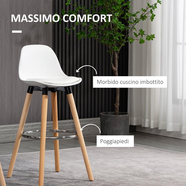 HOMCOM Set 2 Sgabelli da Bar Stile Nordico con Schienale, Cuscino e Poggiapiedi, Legno e Plastica, Bianco