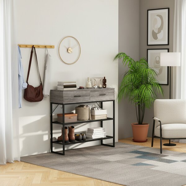 DecHome Consolle Ingresso Design Industriale con 2 Cassetti 2 Ripiani in Legno e Metallo Dimensioni 100x35x92 cm colore Nero/Legno