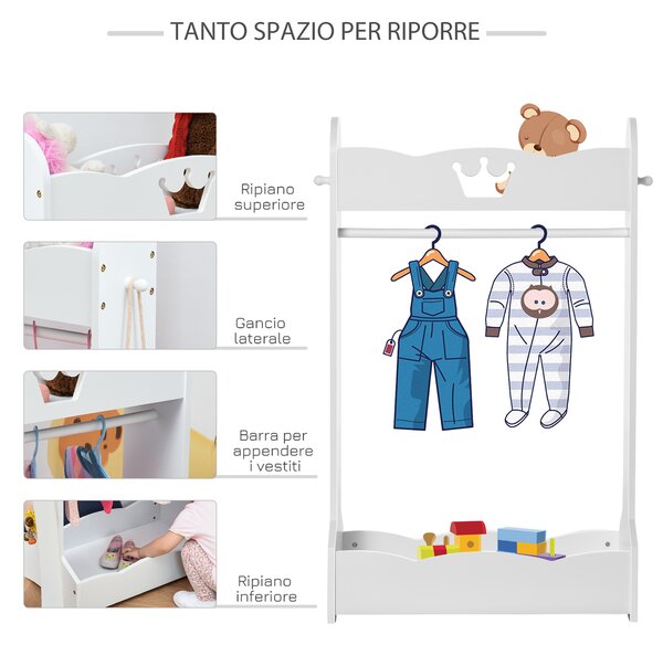 HOMCOM Appendiabiti per Bambini con Ripiani e Ganci Laterali, Arredamento per Cameretta in Legno, 70.5x37x103cm, Bianco|Aosom