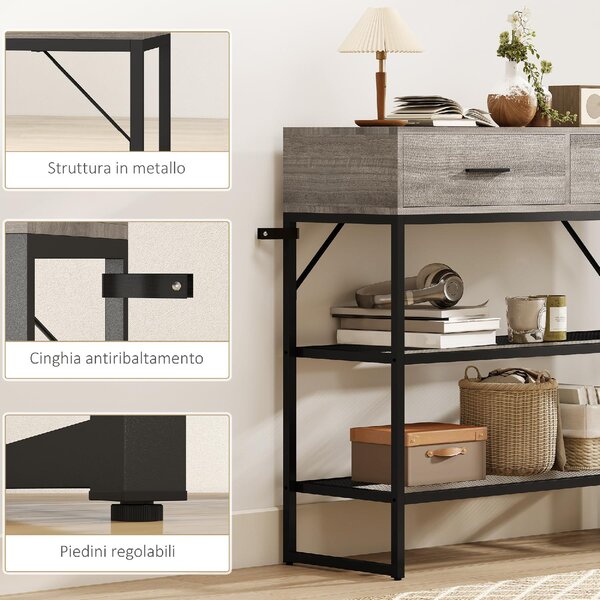 DecHome Consolle Ingresso Design Industriale con 2 Cassetti 2 Ripiani in Legno e Metallo Dimensioni 100x35x92 cm colore Nero/Legno