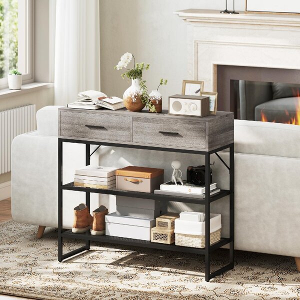DecHome Consolle Ingresso Design Industriale con 2 Cassetti 2 Ripiani in Legno e Metallo Dimensioni 100x35x92 cm colore Nero/Legno