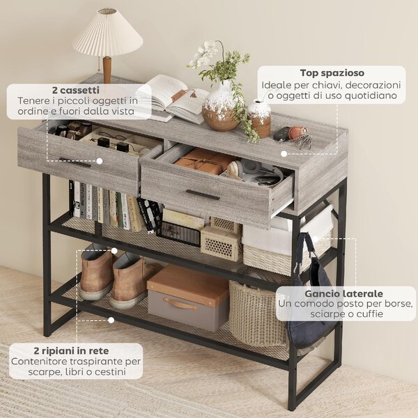 DecHome Consolle Ingresso Design Industriale con 2 Cassetti 2 Ripiani in Legno e Metallo Dimensioni 100x35x92 cm colore Nero/Legno