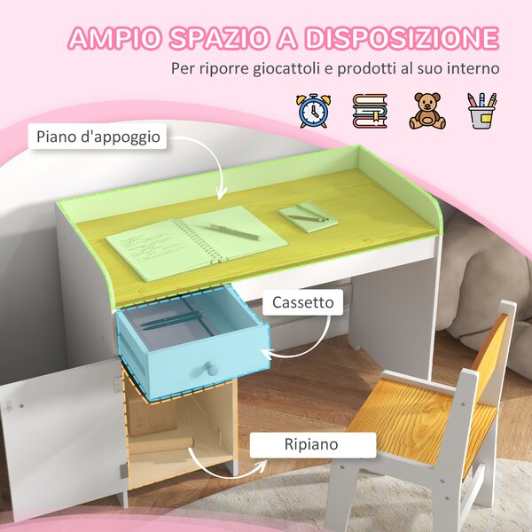 ZONEKIZ Set Tavolo e Sedie per Bambini 3-6 Anni con Cassetto e Armadietto in Legno, Struttura solida e angoli arrotondati, Bianco|Aosom Italy