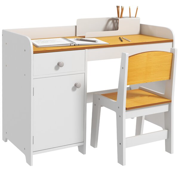 ZONEKIZ Set Tavolo e Sedie per Bambini 3-6 Anni con Cassetto e Armadietto in Legno, Struttura solida e angoli arrotondati, Bianco|Aosom Italy
