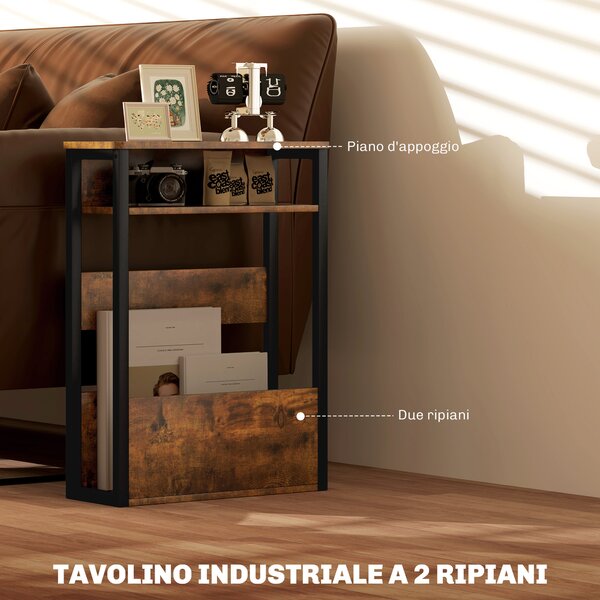 HOMCOM Tavolino da Soggiorno in Stile Industriale con 2 Ripiani, in Legno e Metallo, 46x18x58.5 cm, Marrone