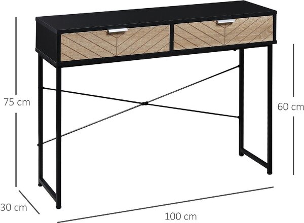 DecHome Consolle Ingresso Design Moderno con 2 Cassetti in Metallo Dimensioni 100x30x75 cm colore Nero / Quercia