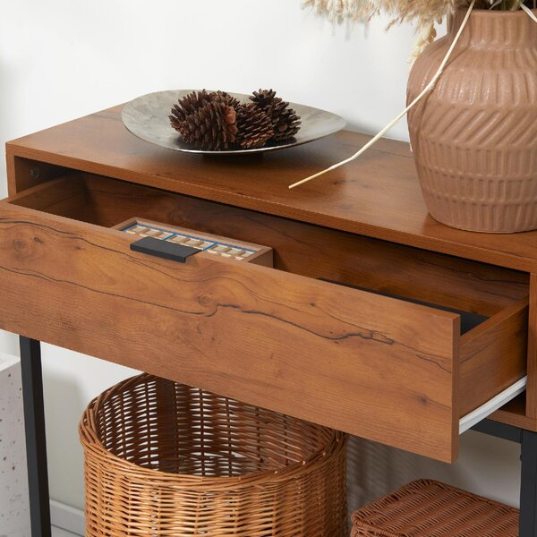 DecHome Consolle Ingresso Design Moderno con Cassetto in Legno e Acciaio Dimensioni 80x30x76 cm colore Legno/Nero
