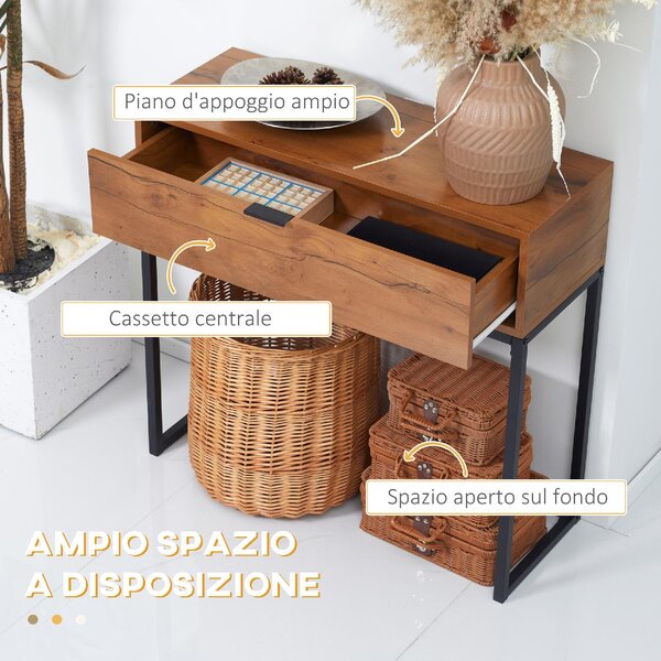 DecHome Consolle Ingresso Design Moderno con Cassetto in Legno e Acciaio Dimensioni 80x30x76 cm colore Legno/Nero