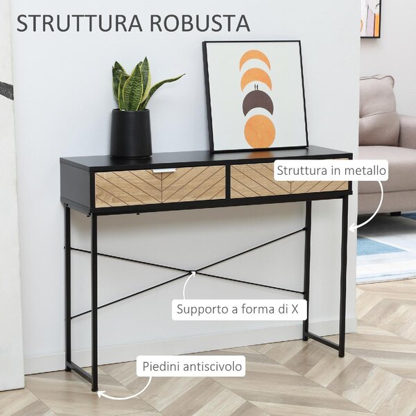 DecHome Consolle Ingresso Design Moderno con 2 Cassetti in Metallo Dimensioni 100x30x75 cm colore Nero / Quercia