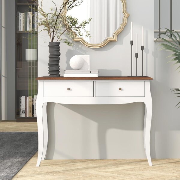 DecHome Consolle Ingresso Stile Shabby Chic con 2 Cassetti in Legno Dimensioni 100x35x76,5 cm colore Bianco/Marrone Scuro
